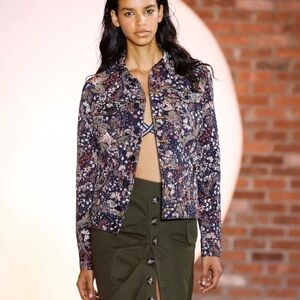 Self Portrait Jacket Button Up Wing Collar Size L Jacquard Floral Print Womens